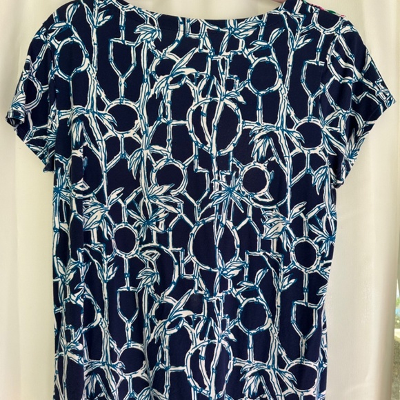 Lilly Pulitzer Alora Top Lucky Bamboo V Neck Shirt Navy Blue Pink s/s Large VGUC - Picture 4 of 5